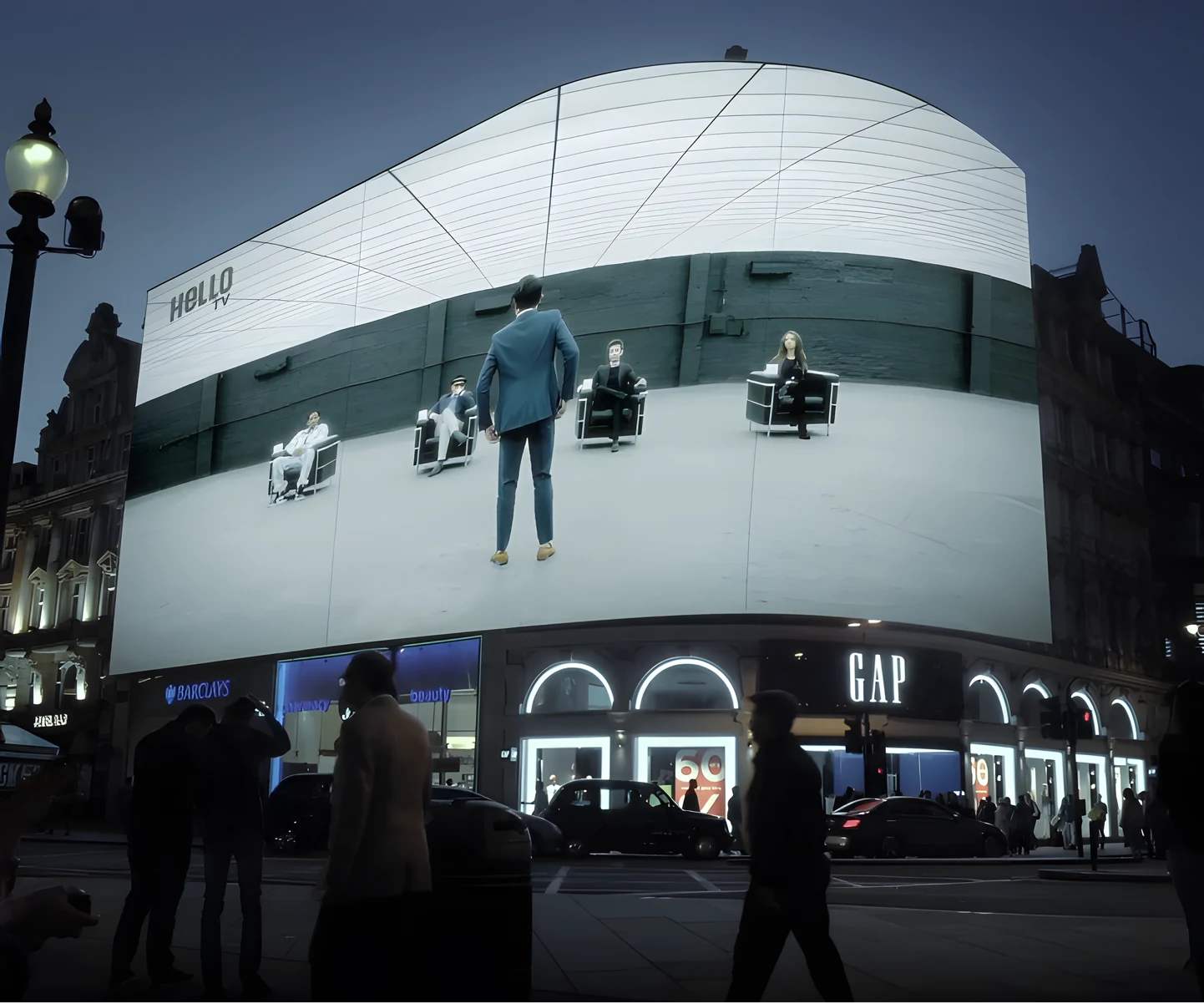 Hello TV launch on the curved Piccadilly Circus LED wraparound, London