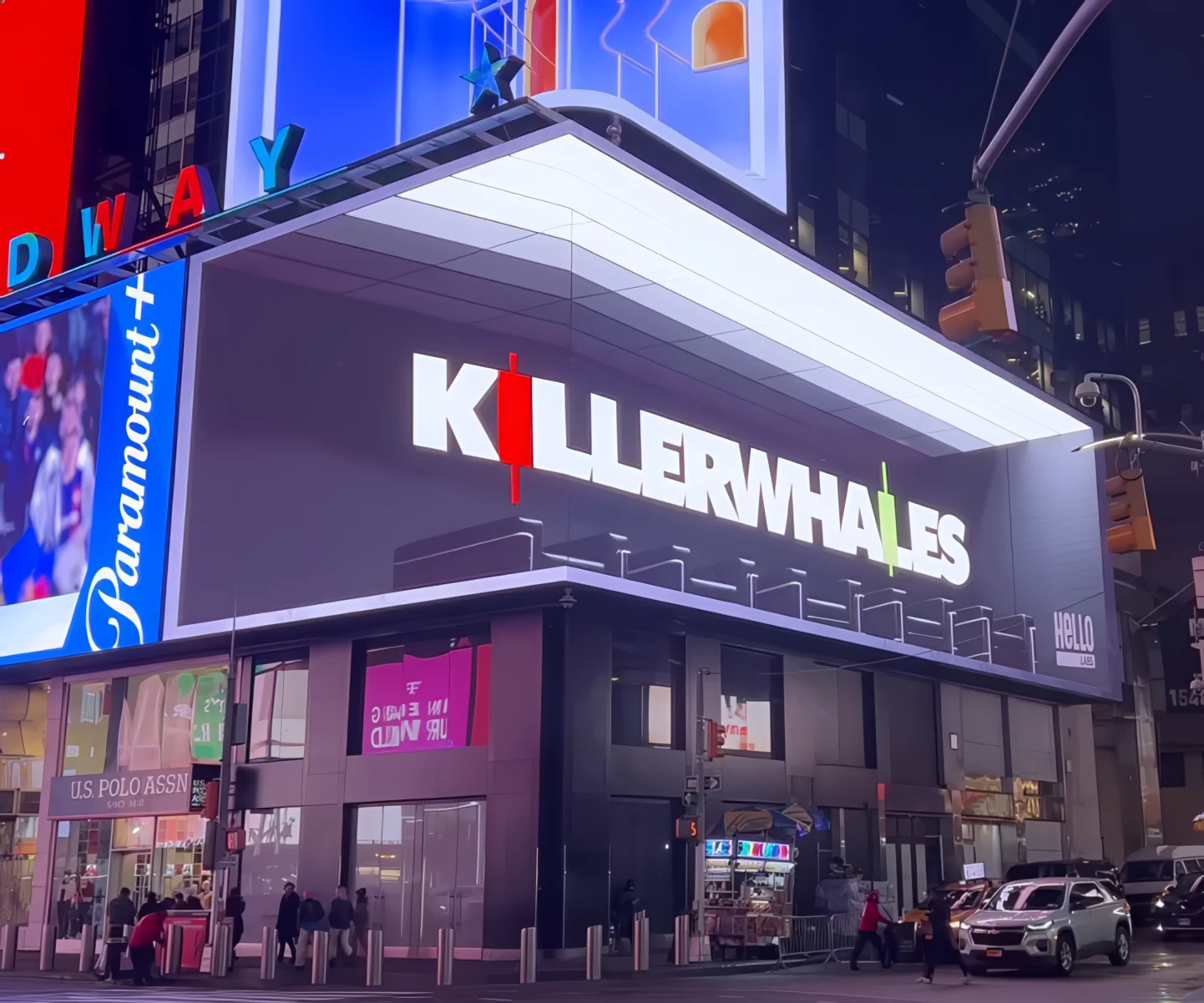 Hello Labs Killer Whales reveal on a Times Square corner anamorphic LED billboard, NYC