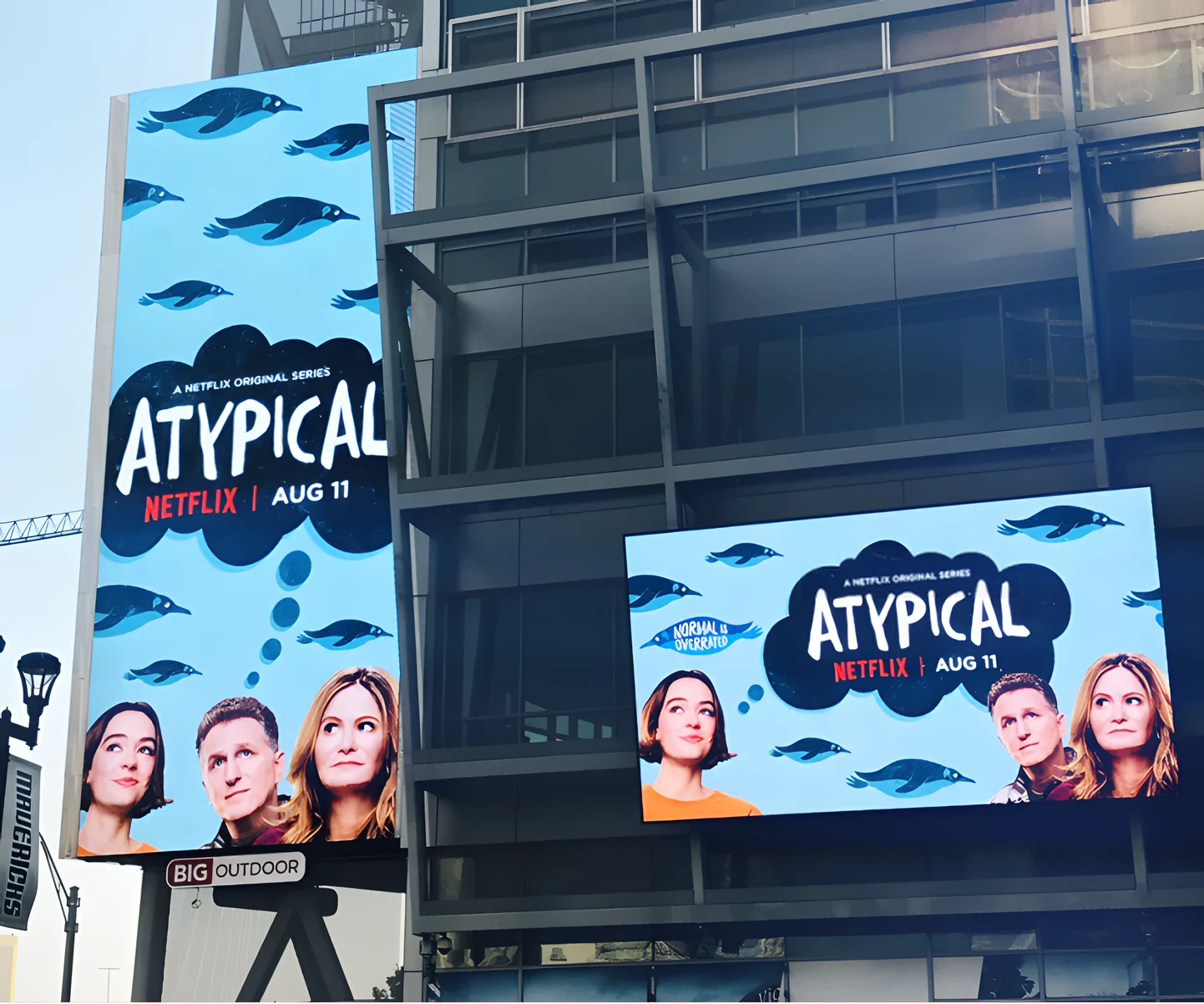 Netflix Atypical campaign on vertical outdoor LED billboards in Dallas